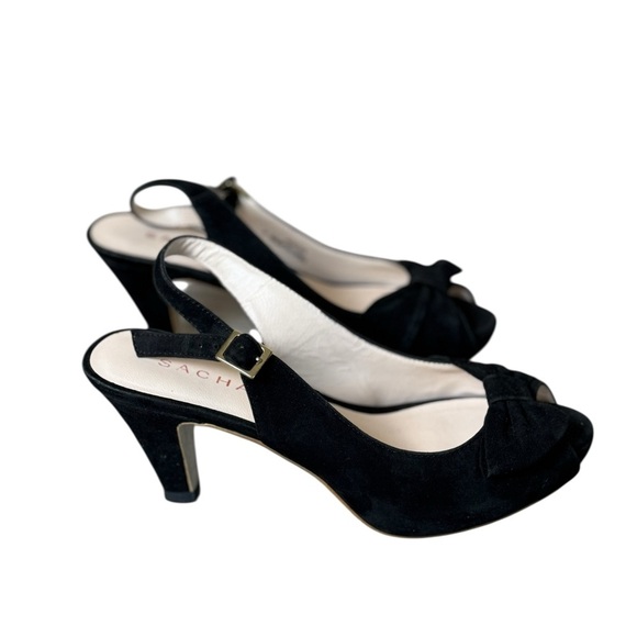 Sacha London Black Suede Leather Peep Toe Slingback Heels Bow Size 6 Evening - Picture 4 of 12